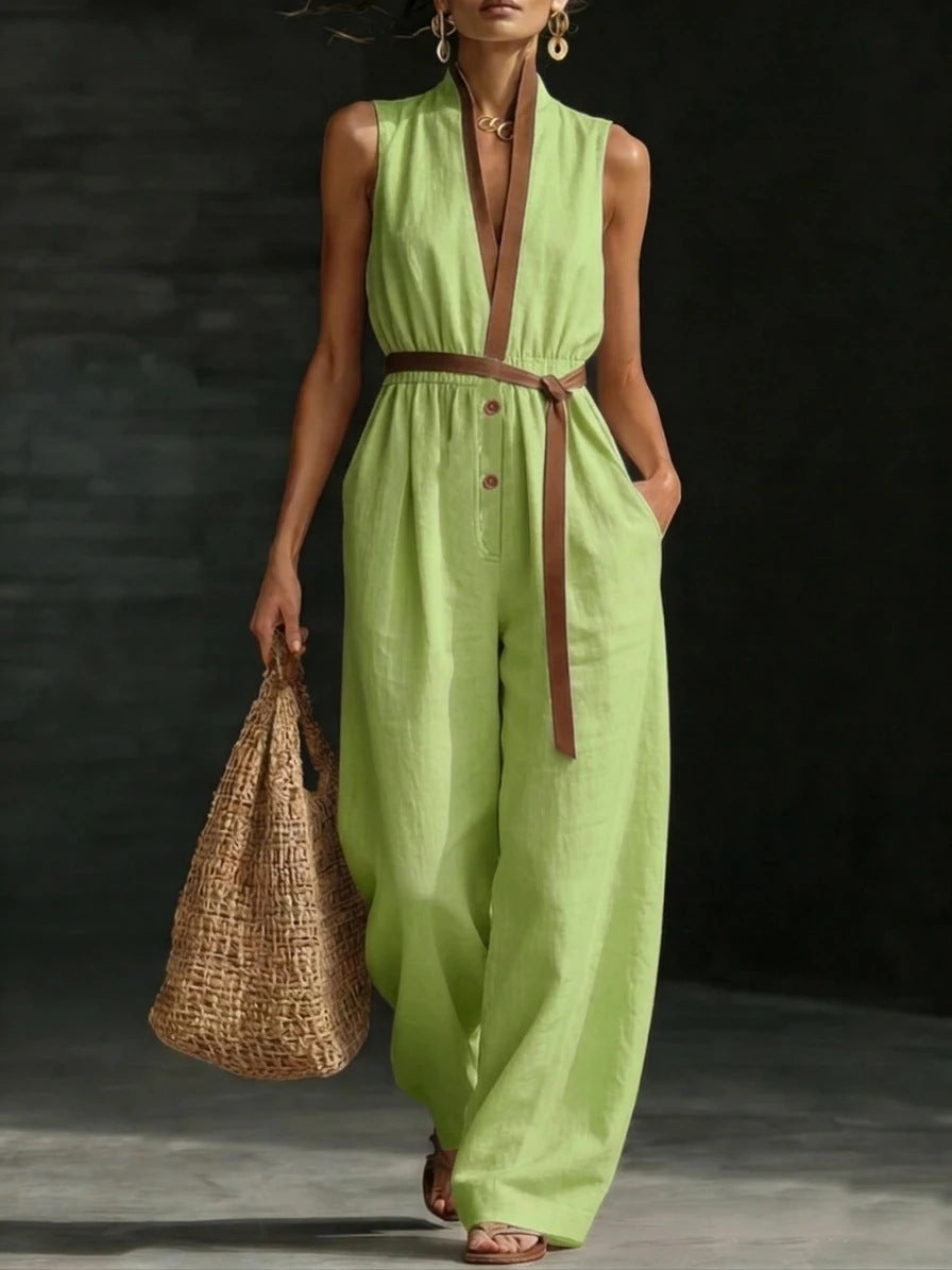 Combinaison Femme Élégante Col V-Jumpsuit Fluide Sans Manches Chic