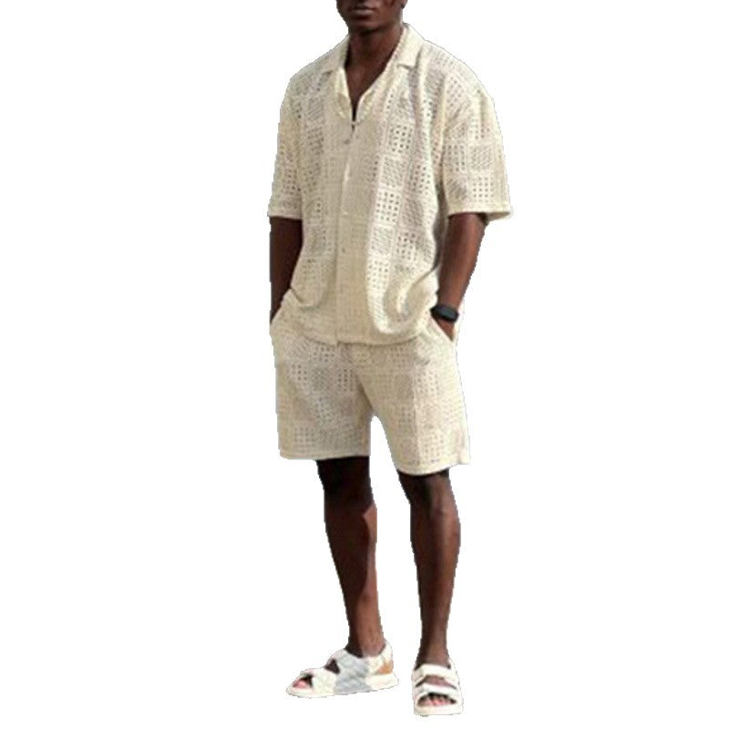 Ensemble Homme Été Chemise Ajourée & Short-Tenue Léger respirante Style Casual Chic Vacances