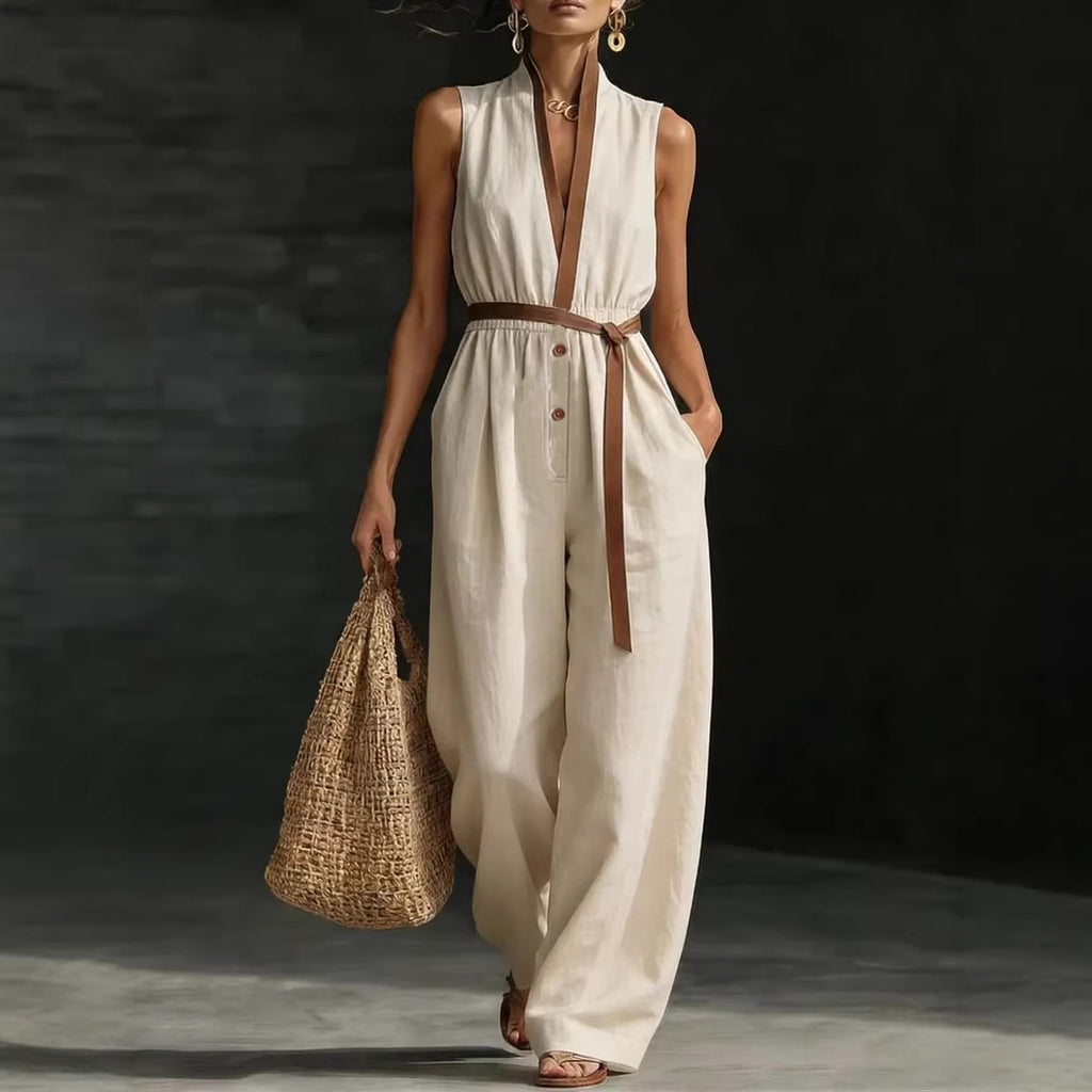 Combinaison Femme Élégante Col V-Jumpsuit Fluide Sans Manches Chic