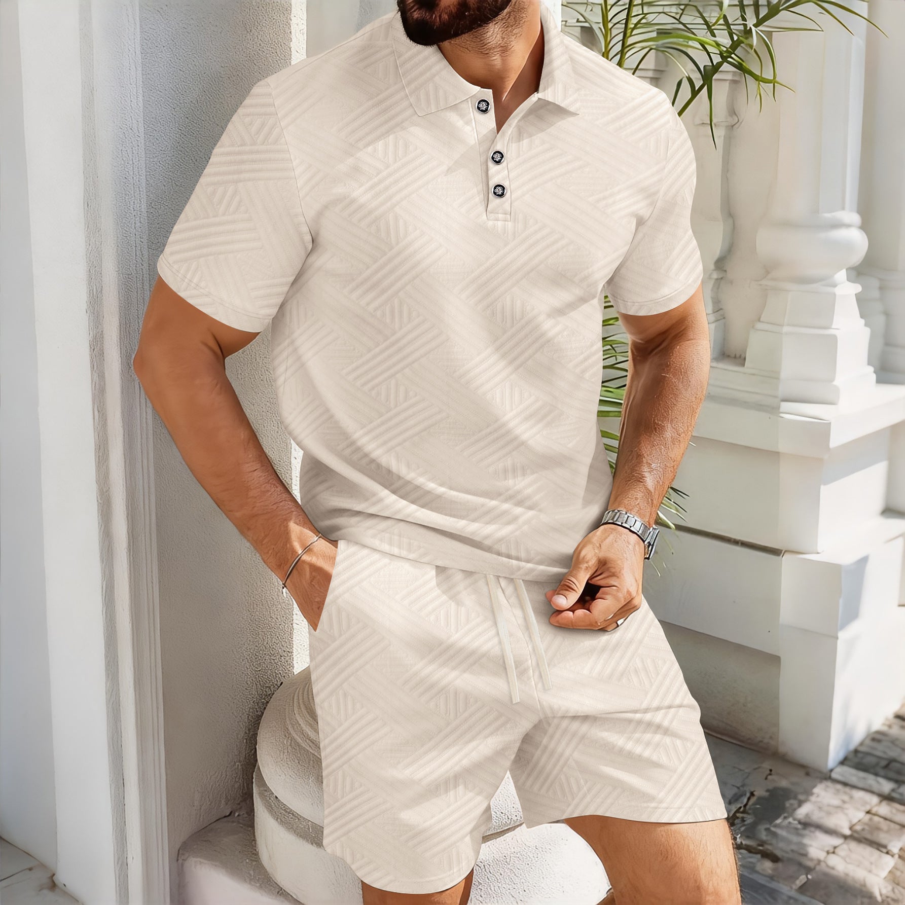 Ensemble Homme Polo Jacquard Été-Tenue Chic Décontractée Short & Polo Respirant Luxe