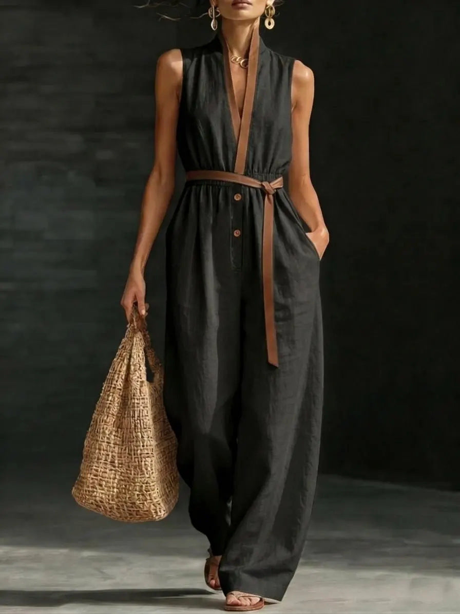 Combinaison Femme Élégante Col V-Jumpsuit Fluide Sans Manches Chic