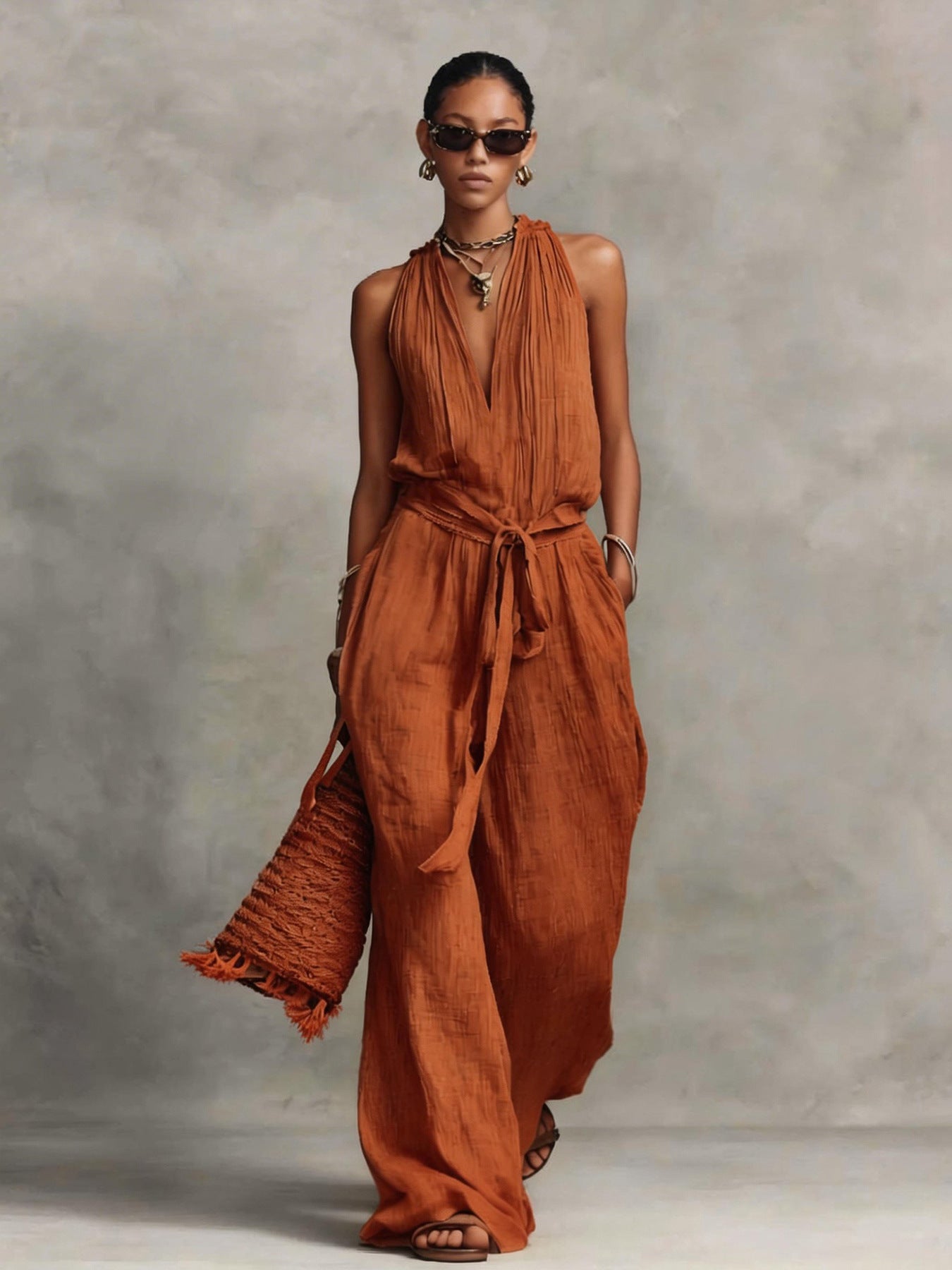 Combinaison Femme Fluide Coton-Jumpsuit Casual Chic Sans Manches