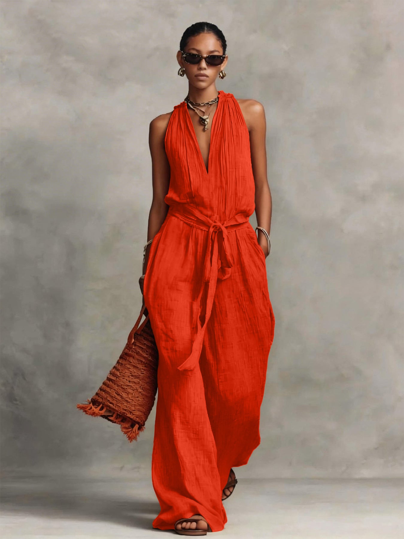 Combinaison Femme Fluide Coton-Jumpsuit Casual Chic Sans Manches