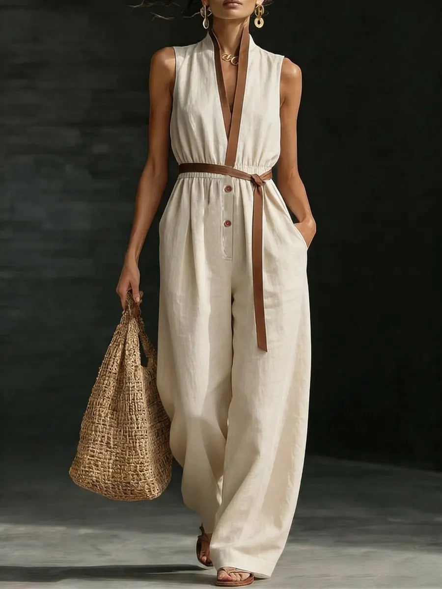 Combinaison Femme Élégante Col V-Jumpsuit Fluide Sans Manches Chic