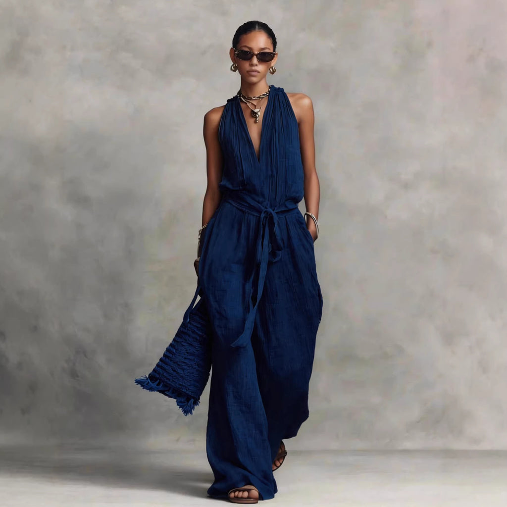 Combinaison Femme Fluide Coton-Jumpsuit Casual Chic Sans Manches