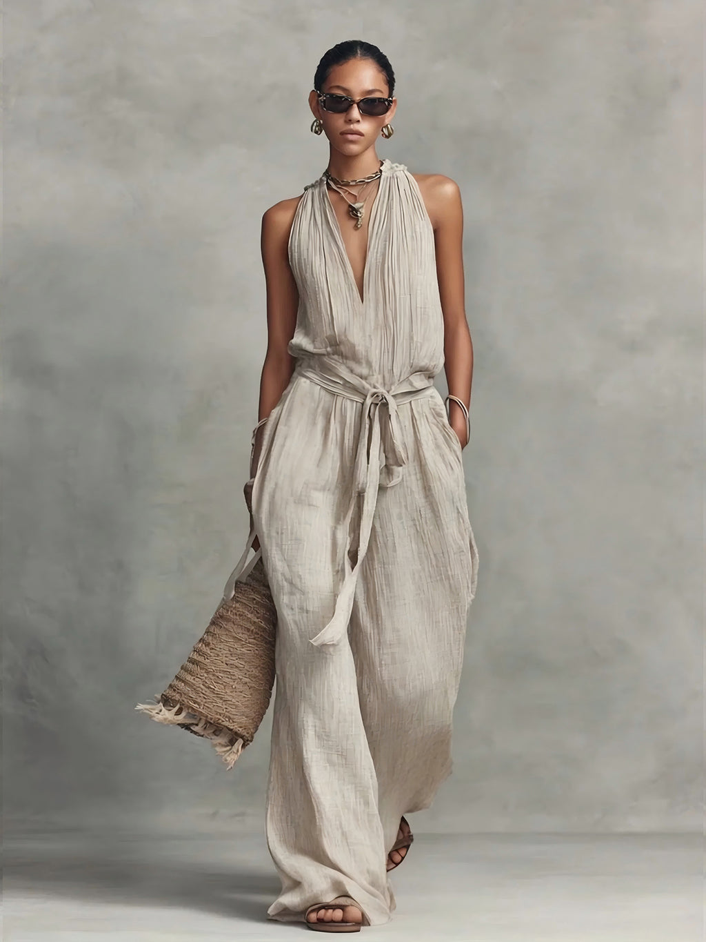 Combinaison Femme Fluide Coton-Jumpsuit Casual Chic Sans Manches