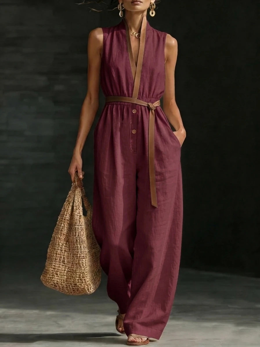 Combinaison Femme Élégante Col V-Jumpsuit Fluide Sans Manches Chic