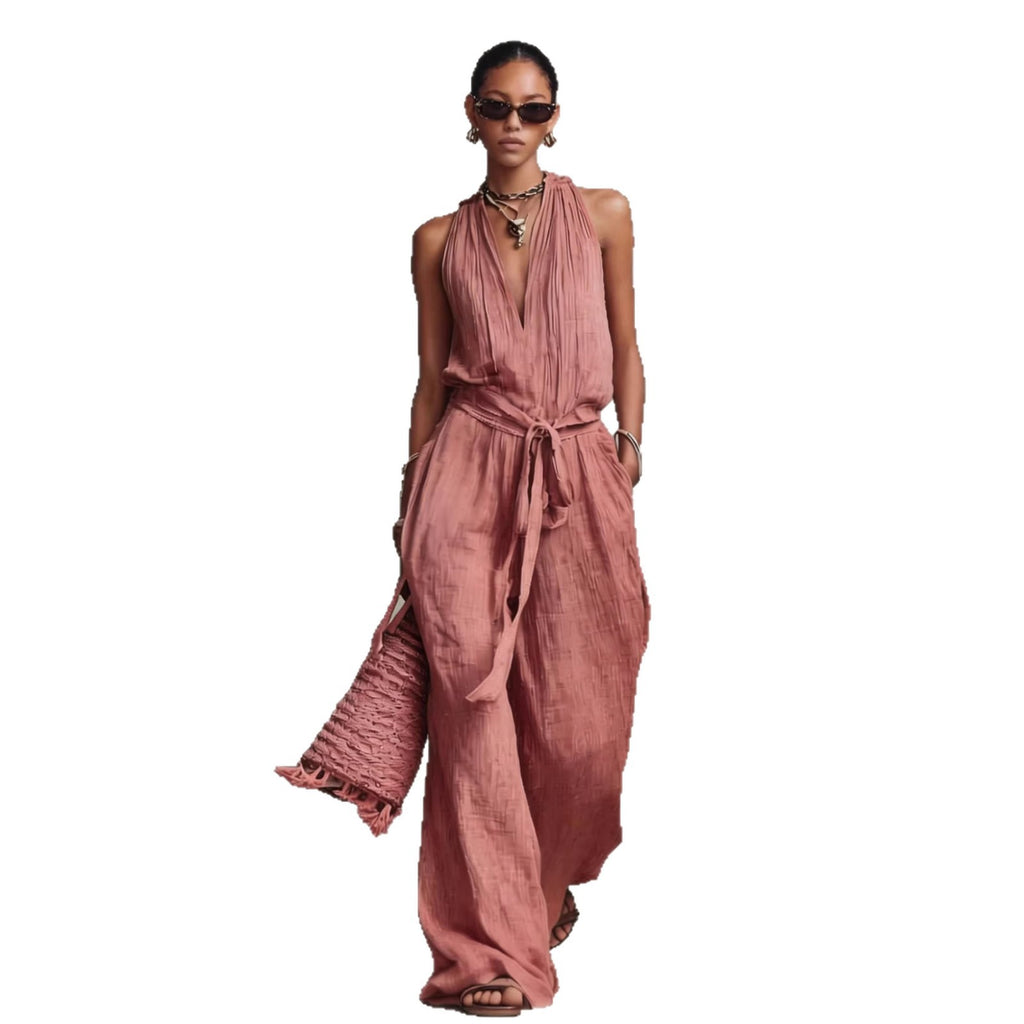 Combinaison Femme Fluide Coton-Jumpsuit Casual Chic Sans Manches