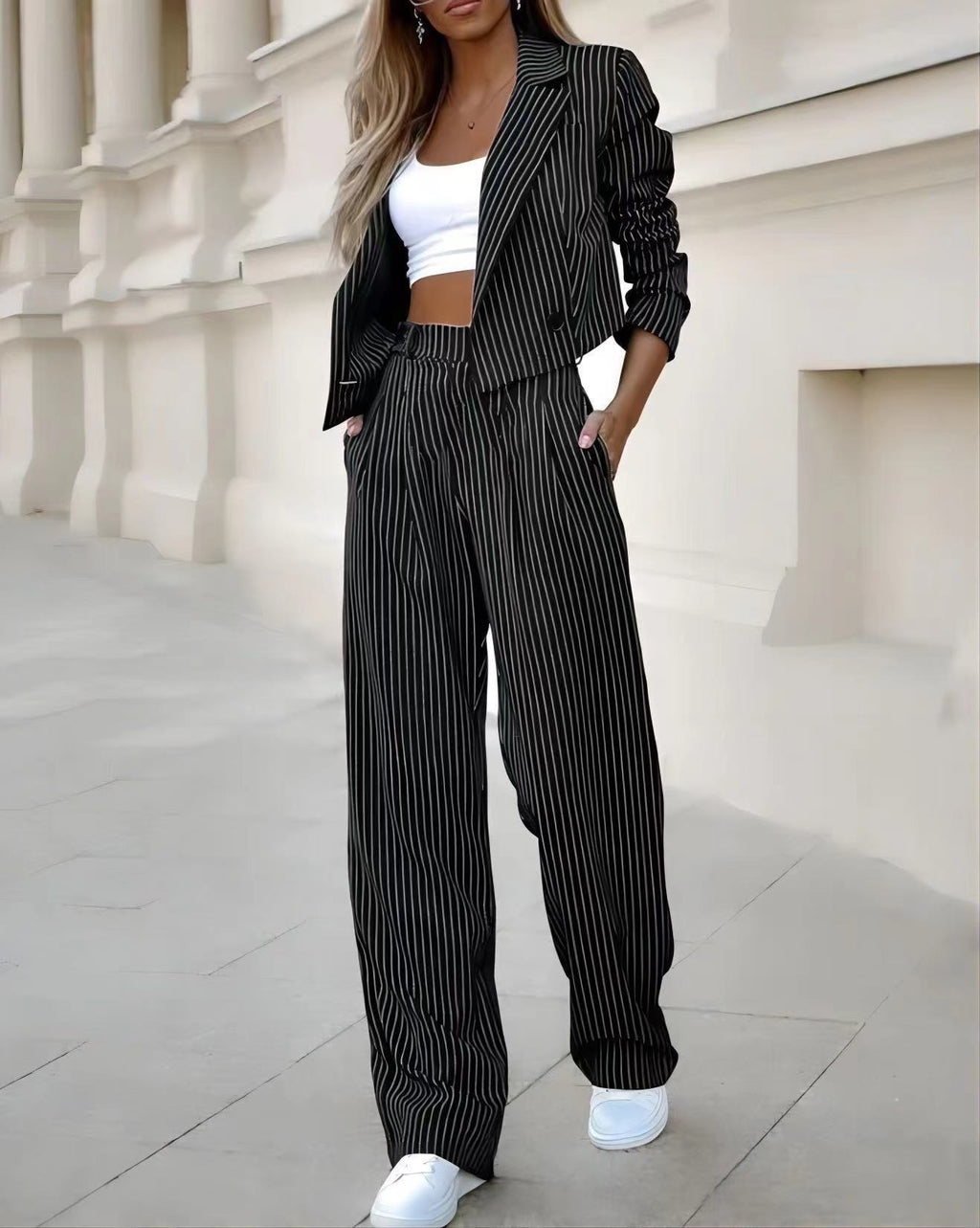 Ensemble Femme Chic 2 Pièces-Tailleur Élégant Crop Top & Pantalon Taille Haut