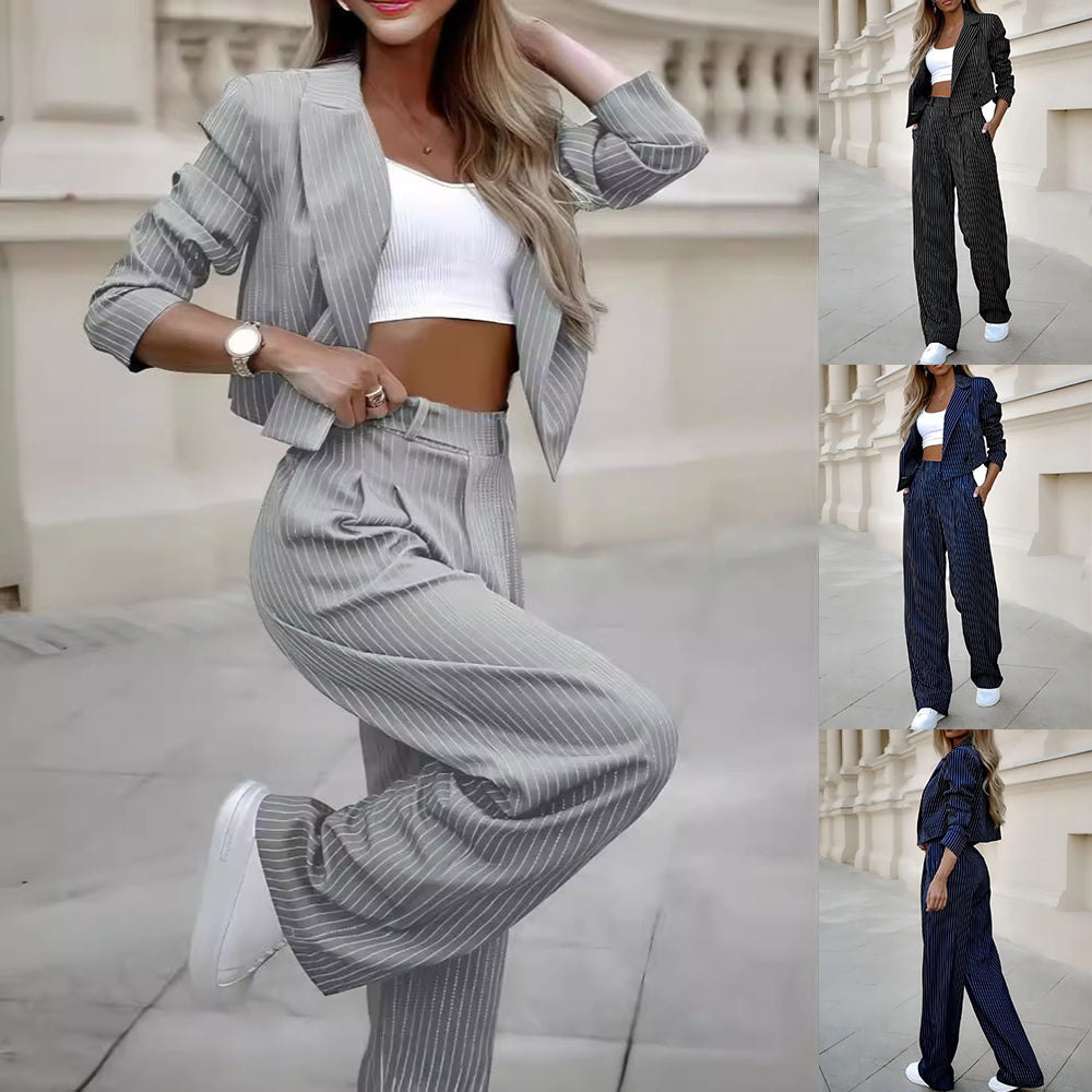 Ensemble Femme Chic 2 Pièces-Tailleur Élégant Crop Top & Pantalon Taille Haut