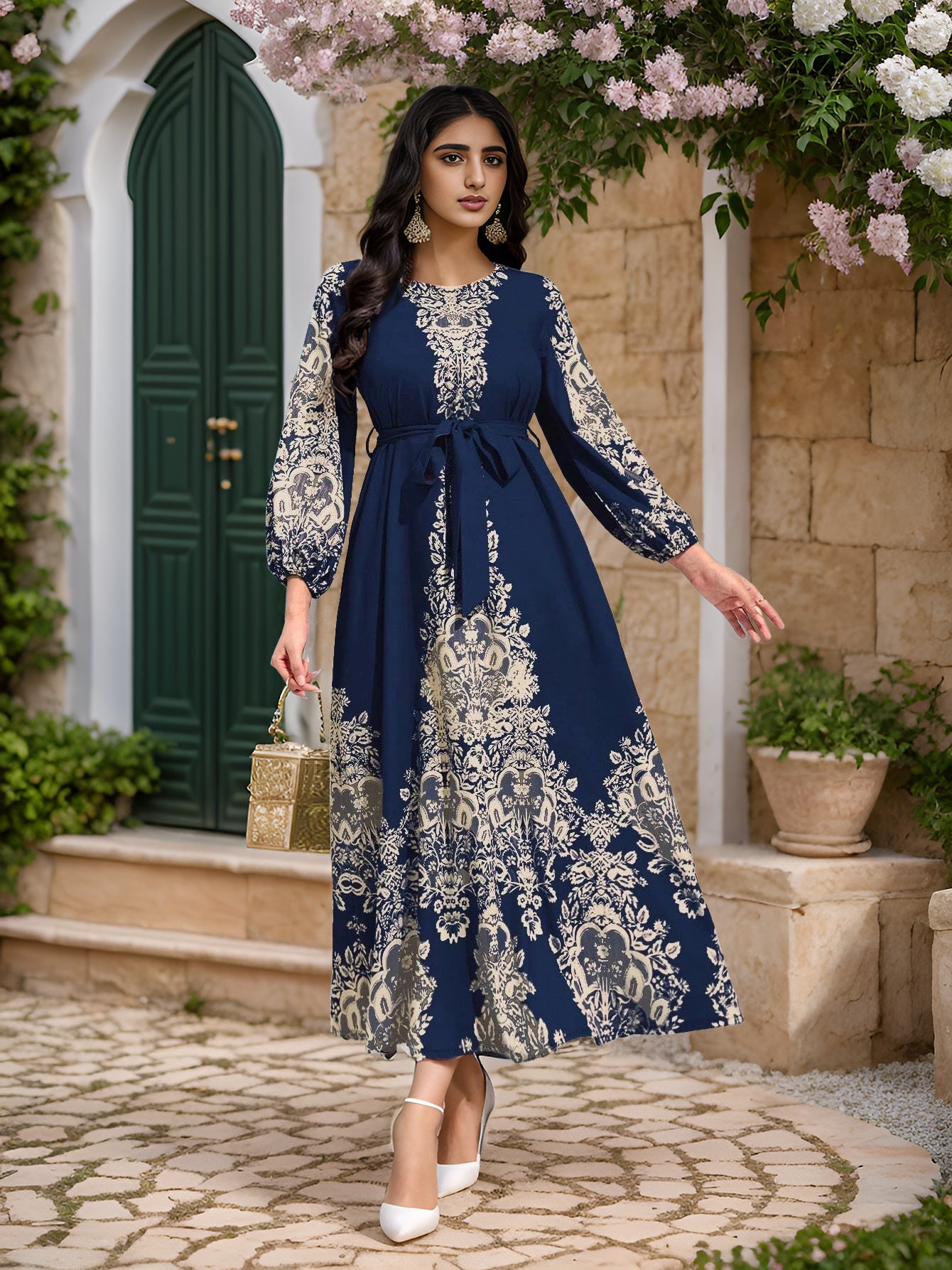 Abaya imprimée Élégante-Robe Longue Style Orientale Chic Aicha Royale