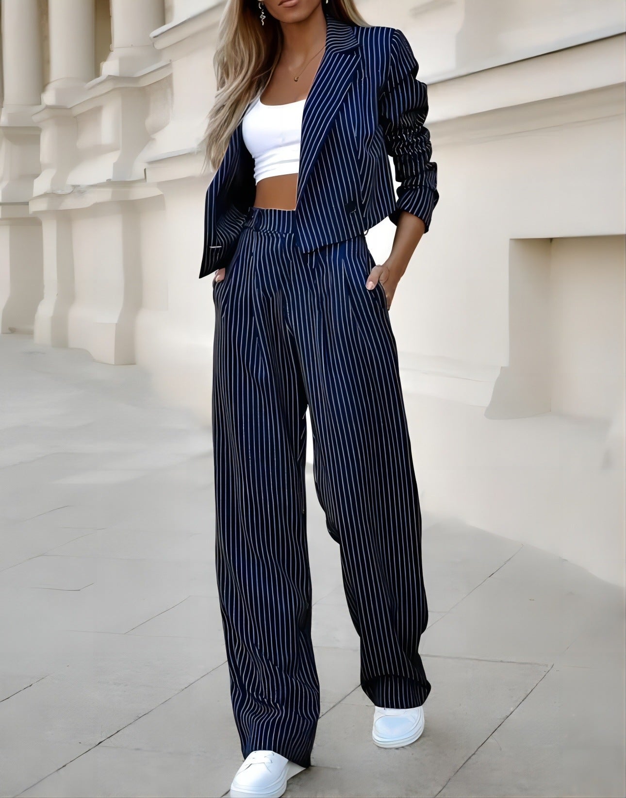 Ensemble Femme Chic 2 Pièces-Tailleur Élégant Crop Top & Pantalon Taille Haut