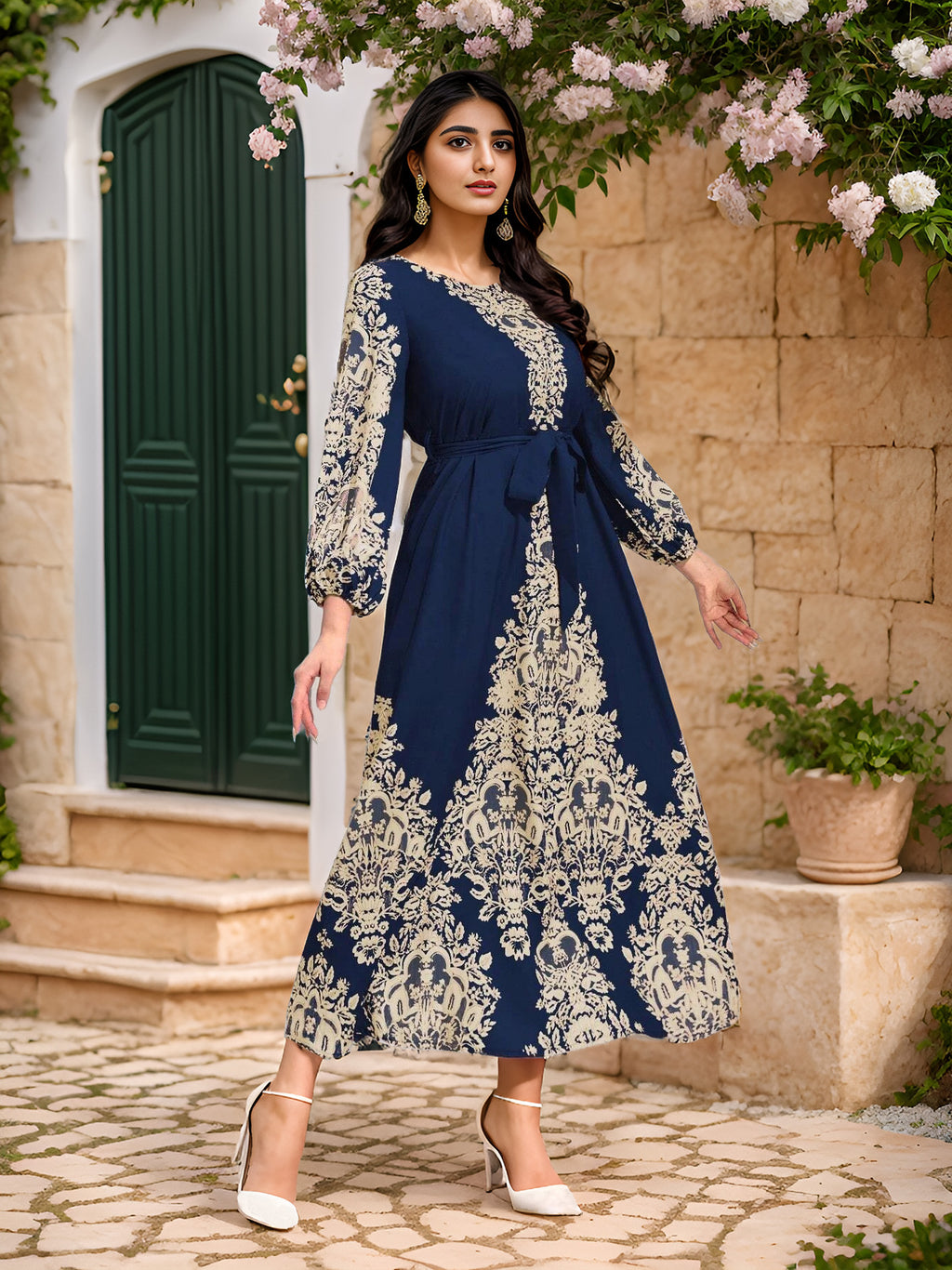 Abaya imprimée Élégante-Robe Longue Style Orientale Chic Aicha Royale