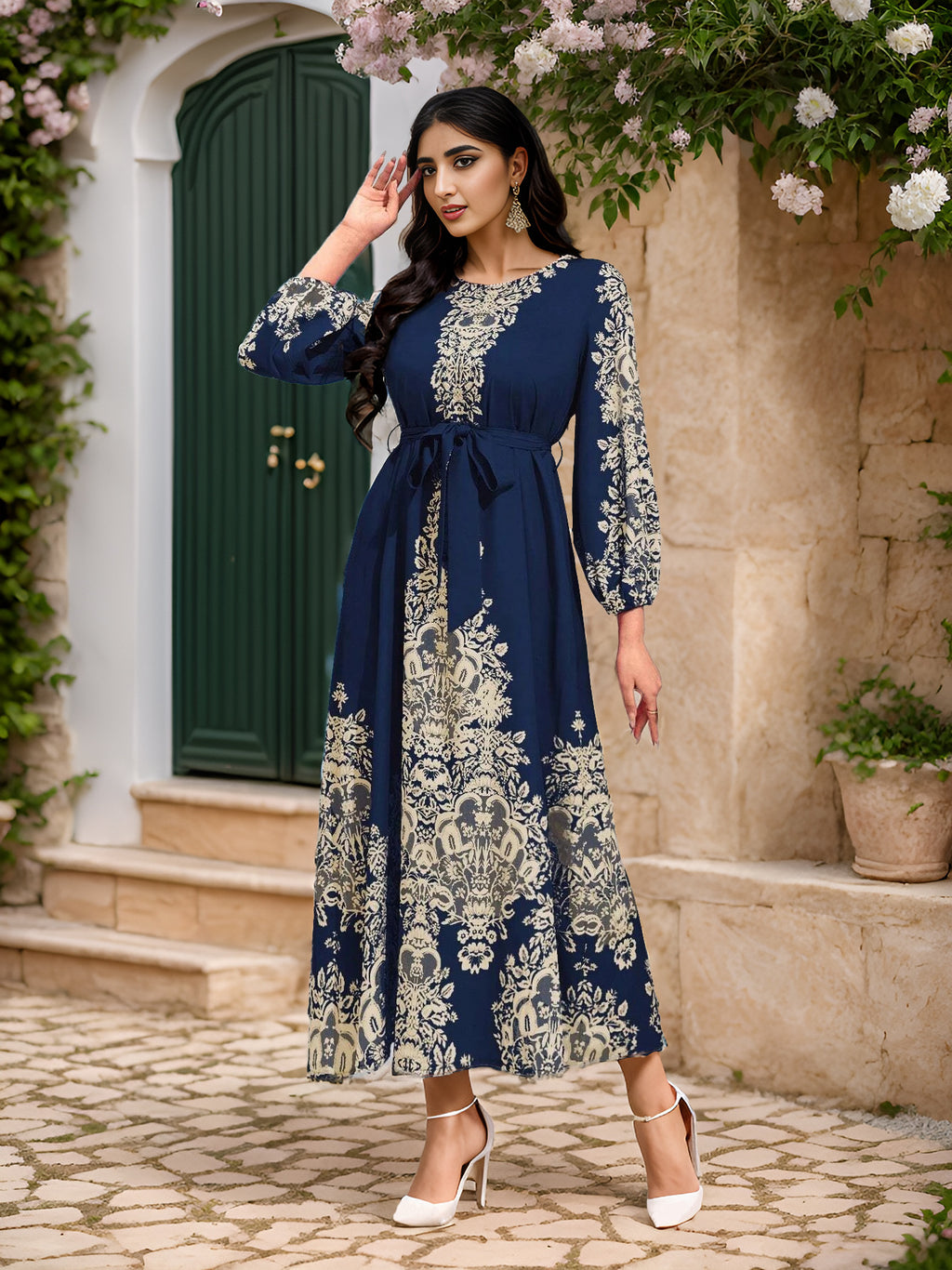 Abaya imprimée Élégante-Robe Longue Style Orientale Chic Aicha Royale