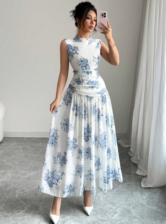 Robe Fleurie Élégante-Cintrée-Sans Manches Chic