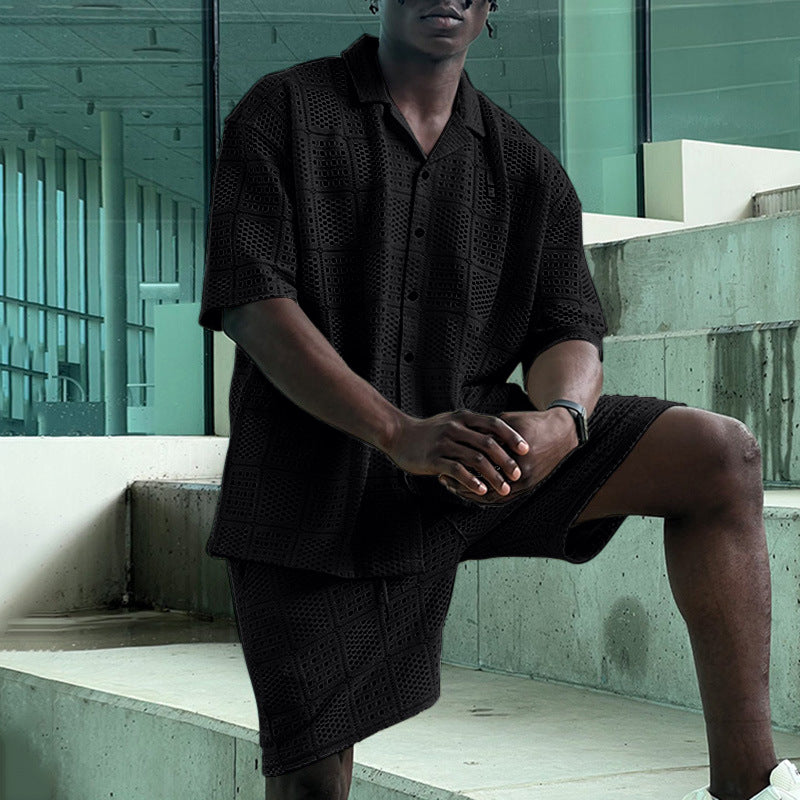 Ensemble Homme Été Chemise Ajourée & Short-Tenue Léger respirante Style Casual Chic Vacances