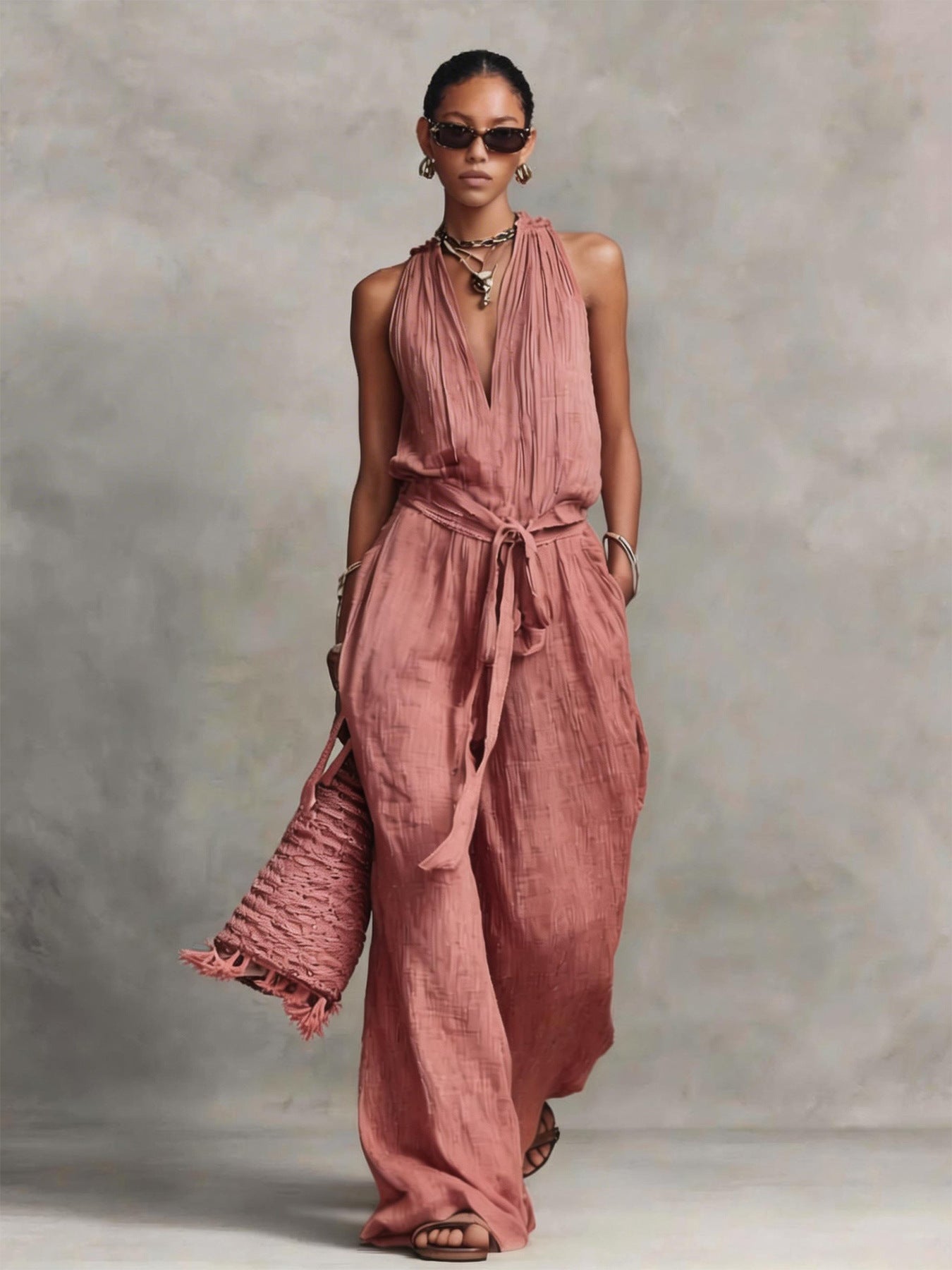 Combinaison Femme Fluide Coton-Jumpsuit Casual Chic Sans Manches