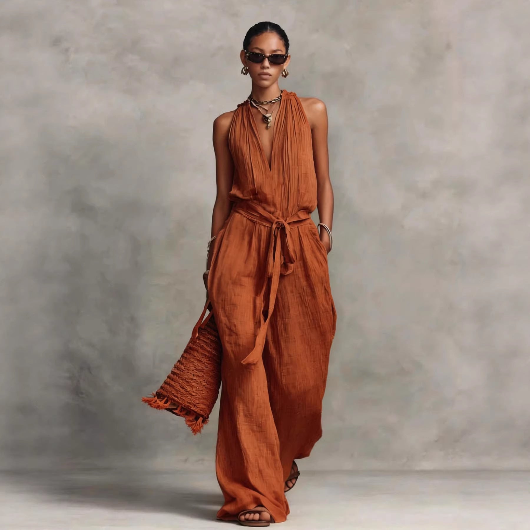 Combinaison Femme Fluide Coton-Jumpsuit Casual Chic Sans Manches