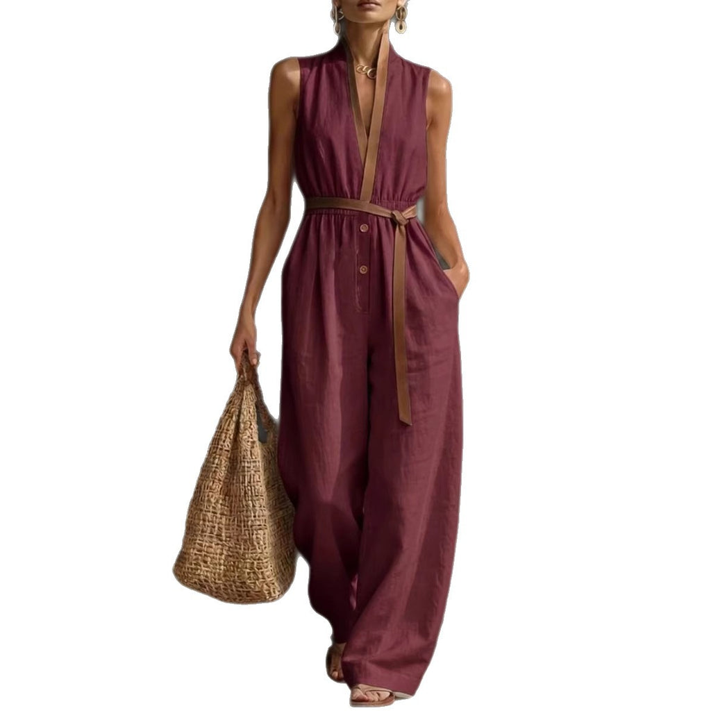 Combinaison Femme Élégante Col V-Jumpsuit Fluide Sans Manches Chic