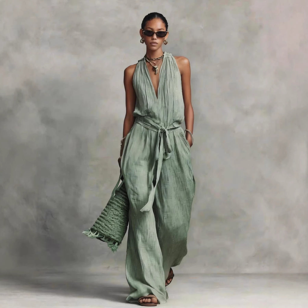 Combinaison Femme Fluide Coton-Jumpsuit Casual Chic Sans Manches
