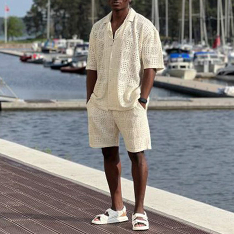 Ensemble Homme Été Chemise Ajourée & Short-Tenue Léger respirante Style Casual Chic Vacances