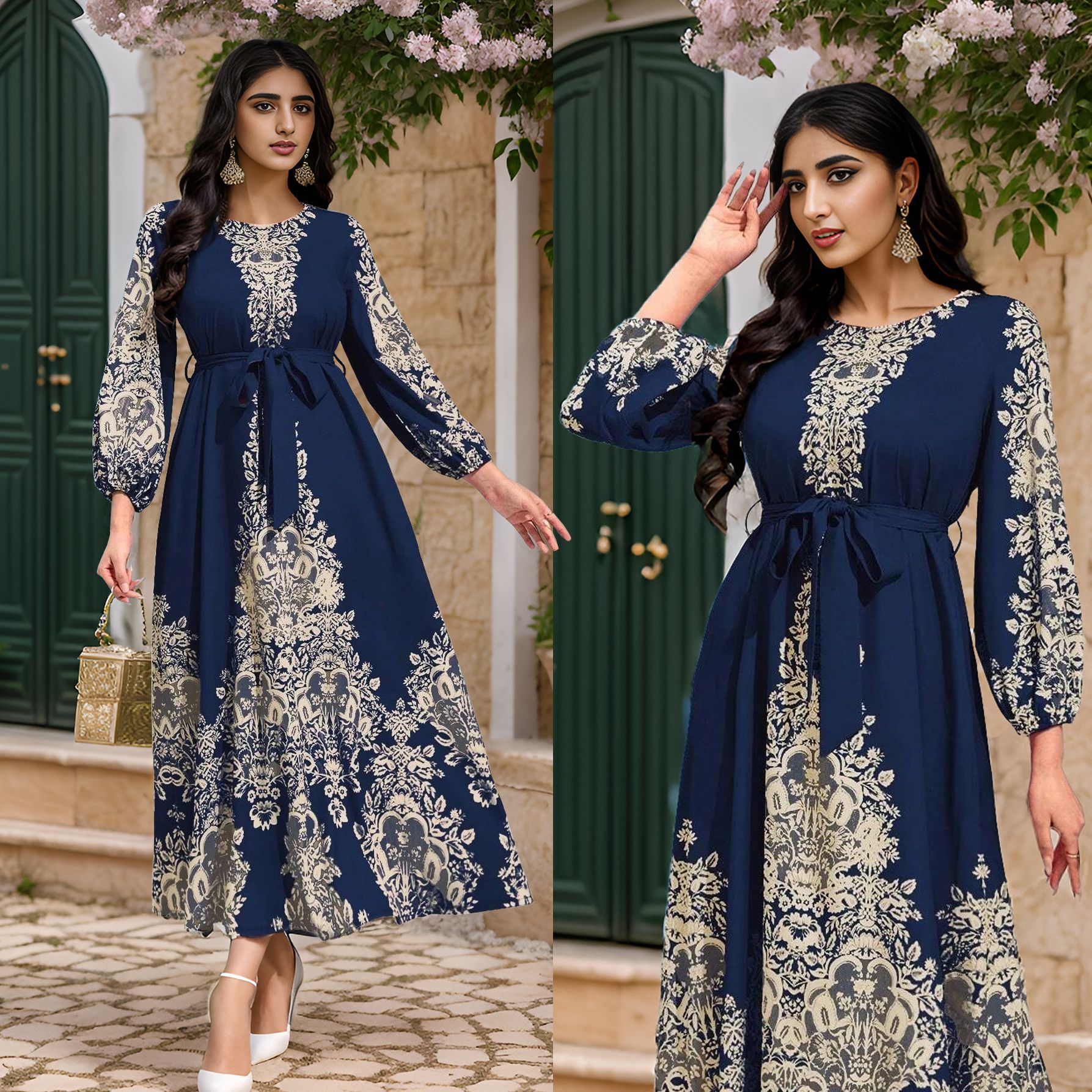 Abaya imprimée Élégante-Robe Longue Style Orientale Chic Aicha Royale