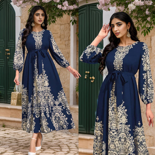 Abaya imprimée Élégante-Robe Longue Style Orientale Chic Aicha Royale
