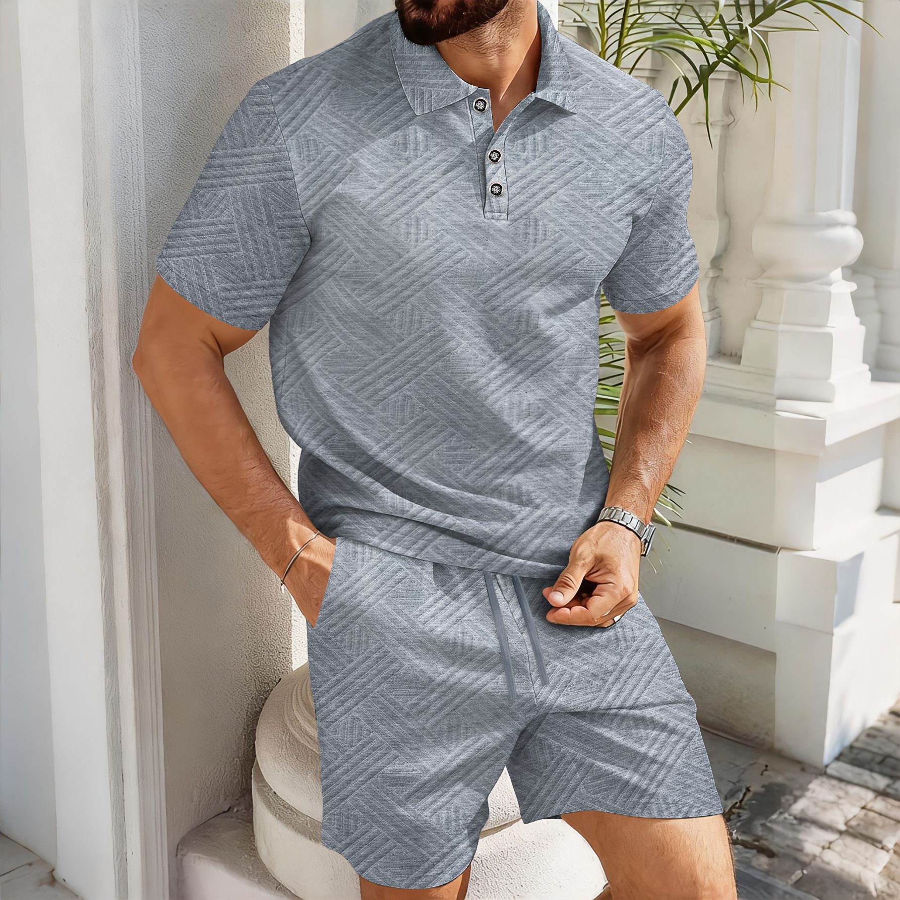 Ensemble Homme Polo Jacquard Été-Tenue Chic Décontractée Short & Polo Respirant Luxe