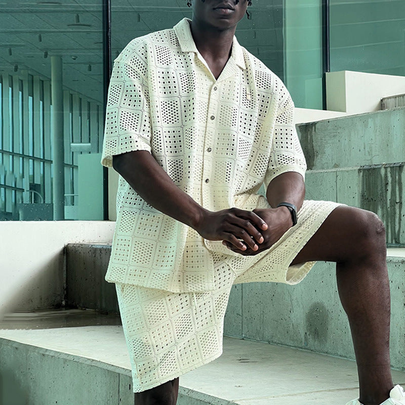 Ensemble Homme Été Chemise Ajourée & Short-Tenue Léger respirante Style Casual Chic Vacances