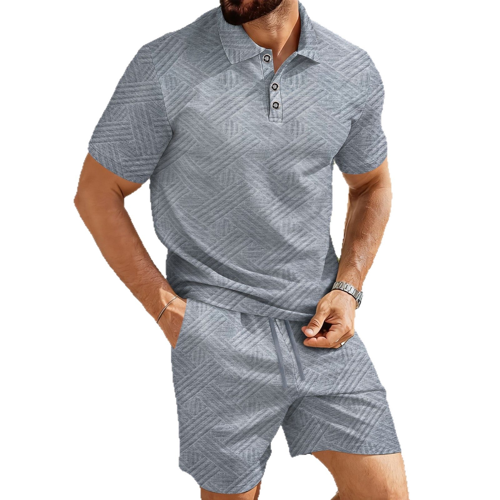 Ensemble Homme Polo Jacquard Été-Tenue Chic Décontractée Short & Polo Respirant Luxe