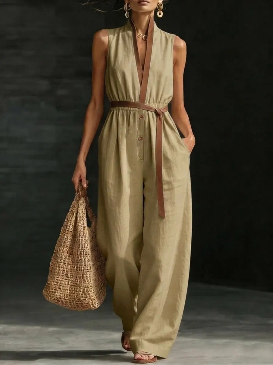 Combinaison Femme Élégante Col V-Jumpsuit Fluide Sans Manches Chic