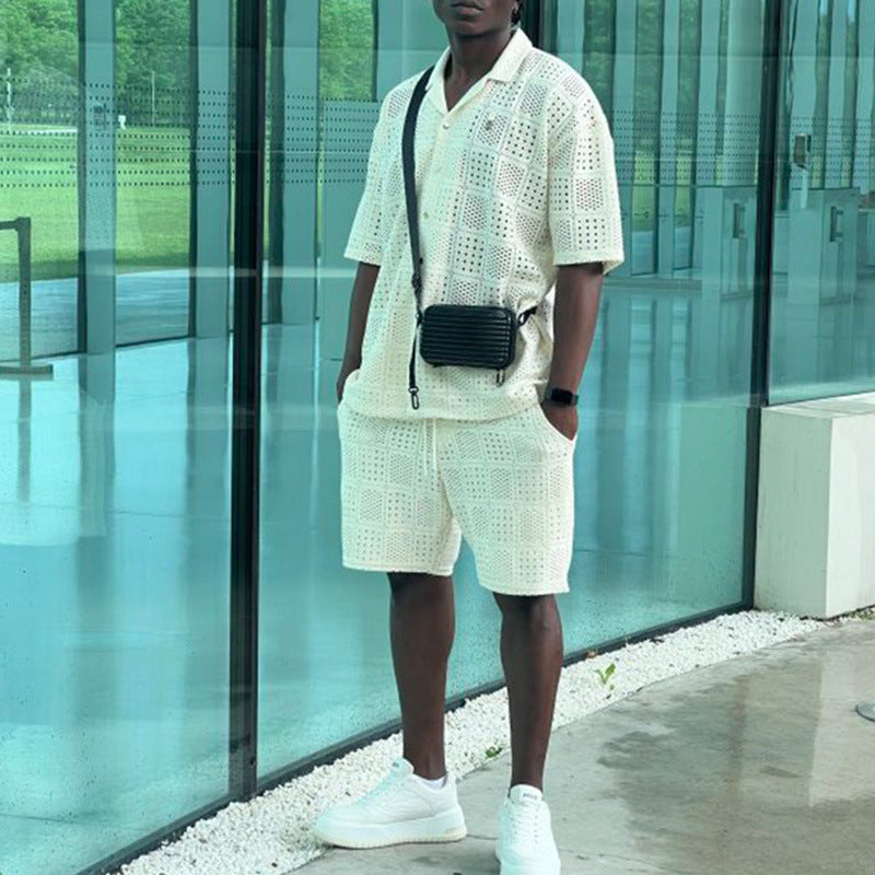 Ensemble Homme Été Chemise Ajourée & Short-Tenue Léger respirante Style Casual Chic Vacances