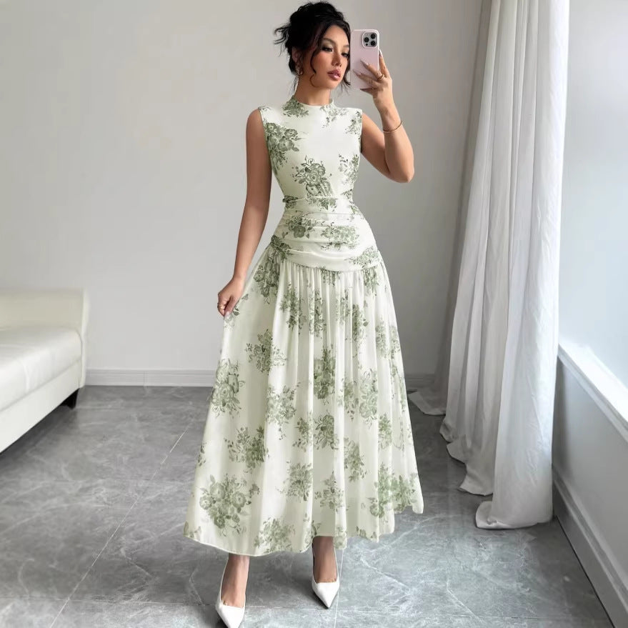 Robe Fleurie Élégante-Cintrée-Sans Manches Chic