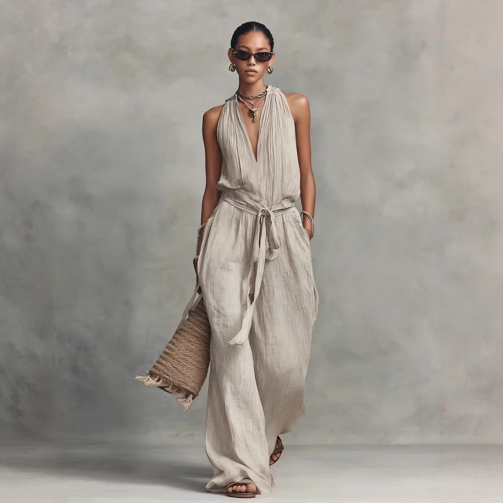 Combinaison Femme Fluide Coton-Jumpsuit Casual Chic Sans Manches