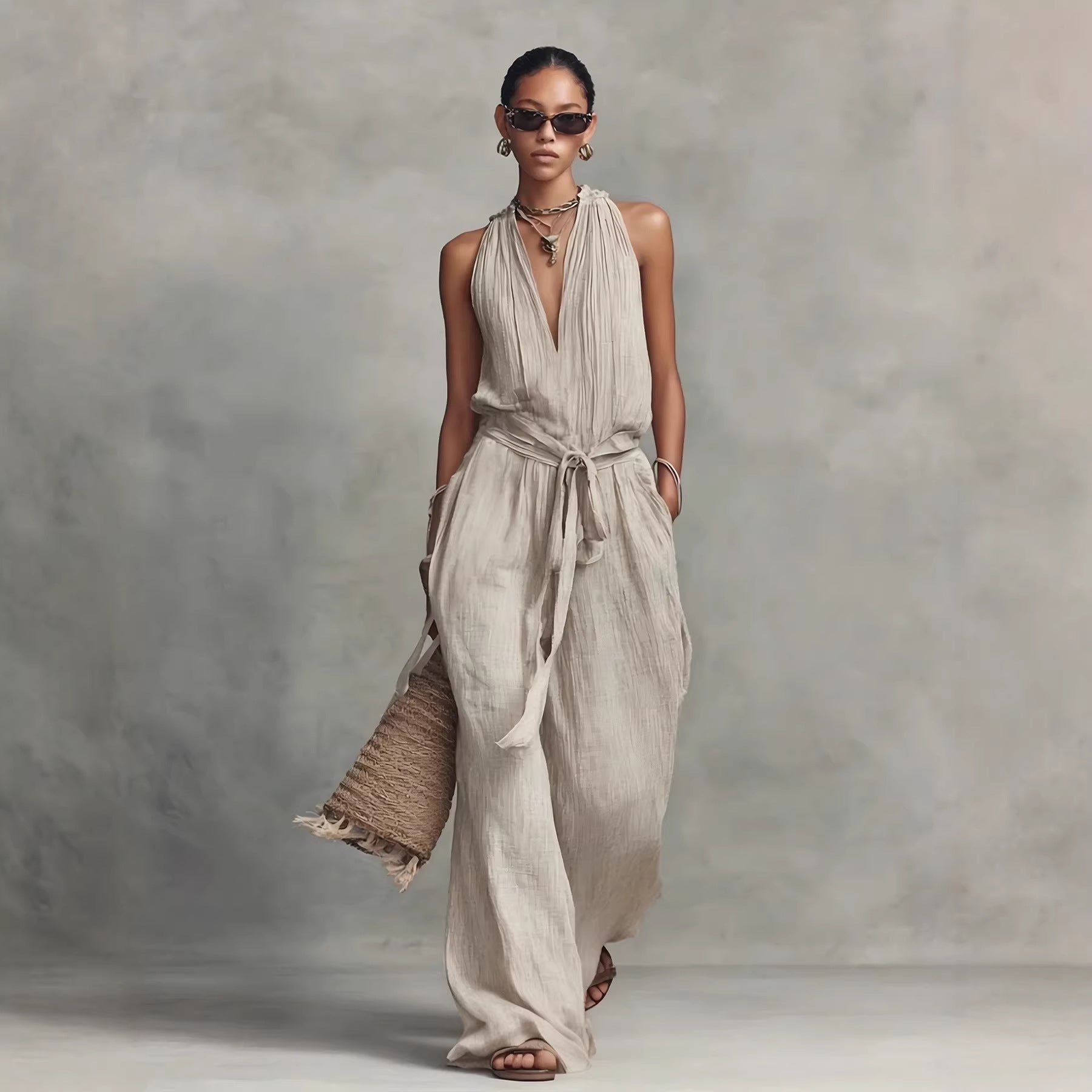 Combinaison Femme Fluide Coton-Jumpsuit Casual Chic Sans Manches